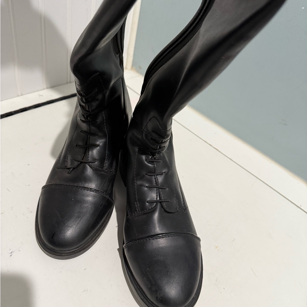 Riding boots Black Leather Lace-Up Knee Boots - Women's Riding Style